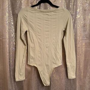 Free People Playing Favorites Tan Long Sleeve Pointelle Bodysuit M/L NWOT